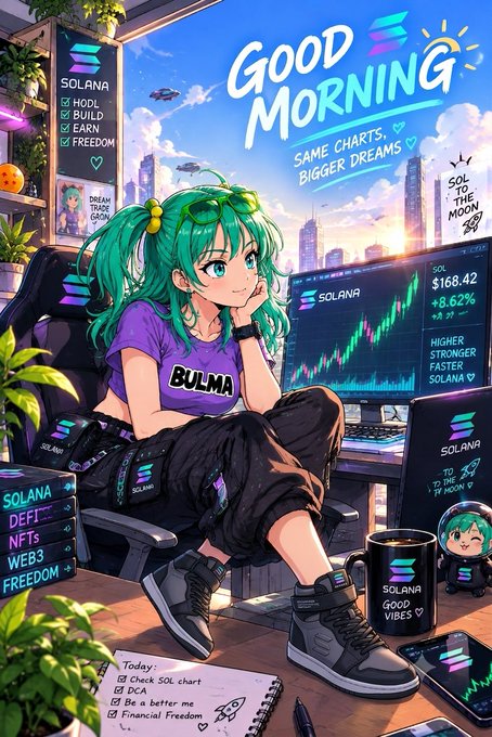 Anime-style illustration of a green-haired girl in a 'BULMA' shirt sitting at a Solana-themed trading setup, with 'GOOD MORNING - SAME CHARTS, BIGGER DREAMS' text and Solana price ($168.42, +8.62%) displayed on monitors.