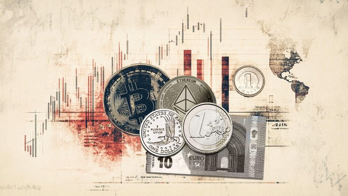 A collage featuring Bitcoin, Ethereum, a €10 Euro banknote, a US dollar coin, and a 1+1 commemorative coin set against a candlestick chart and world map background, visually representing the post's discussion of EUR/USD, gold (XAU/USD), and Bitcoin moving against the US Dollar as the Fed holds rates steady.