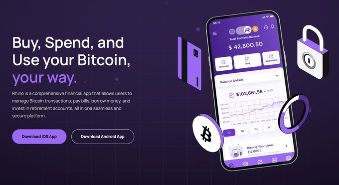 A promotional banner for 'Rhino,' a financial app, with the headline 'Buy, Spend, and Use your Bitcoin, your way,' showing a purple-themed phone interface displaying 'Total Portfolio Balance $42,800.50' and balance charts.