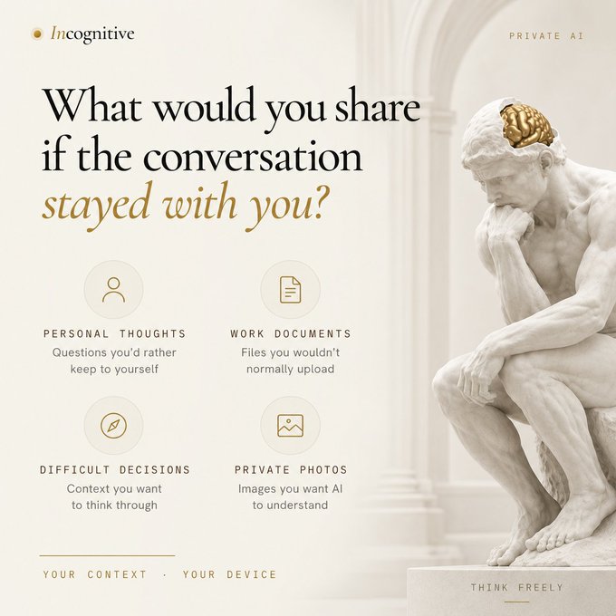 An advertisement for "Incognitive" Private AI features Rodin's "The Thinker" sculpture with a gold brain, asking "What would you share if the conversation stayed with you?" alongside icons listing personal thoughts, work documents, difficult decisions, and private photos under the tagline "YOUR CONTEXT • YOUR DEVICE • THINK FREELY," directly illustrating the post's question about what users withhold from AI due to privacy concerns.