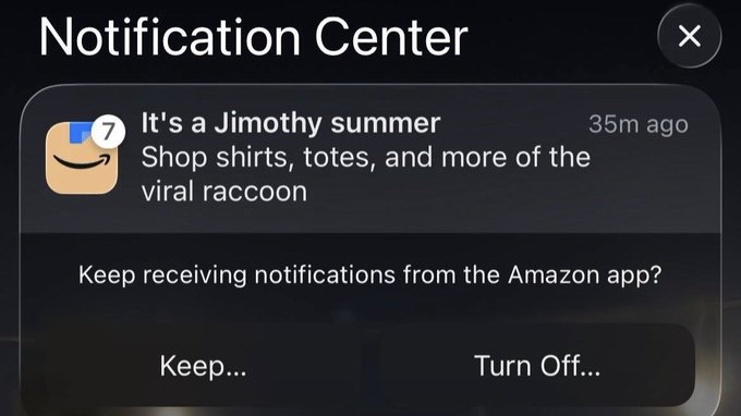 A Notification Center pop-up from the Amazon app displays a promotional notification reading "It's a Jimothy summer - Shop shirts, totes, and more of the viral raccoon" received 35 minutes ago, with options to "Keep..." or "Turn Off..." notifications—illustrating how viral the $JIMOTHY raccoon merchandise has become by reaching major retail platforms like Amazon.