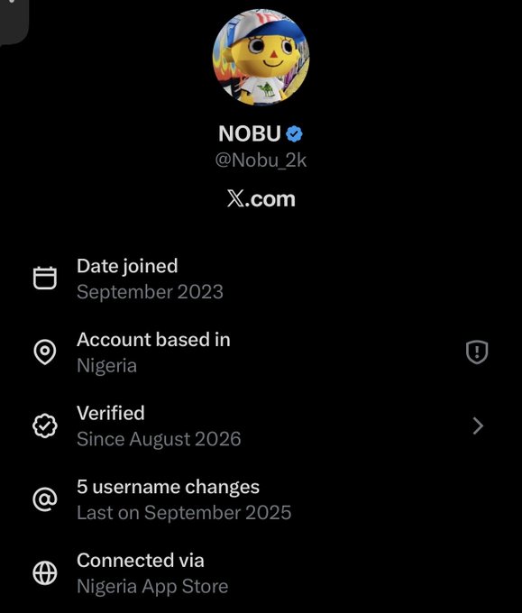 The image shows the X.com profile of "NOBU" (@Nobu_2k), a verified account based in Nigeria since August 2026, which joined in September 2023 and has made 5 username changes, the last in September 2025—supporting the post's mockery of the user for frequently changing usernames while trying to appear impressive online.