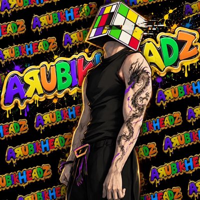 A figure wearing a black sleeveless shirt and a Rubik's cube over their head stands against a graffiti-style background covered in colorful 'Azubikheadz' text.