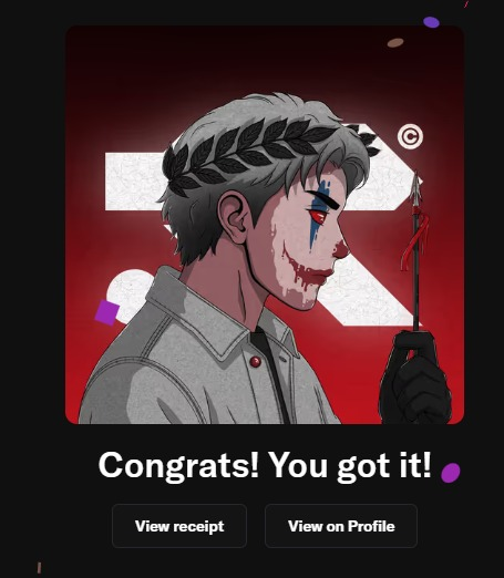 A digital collectible purchase confirmation screen shows 'Congrats! You got it!' with 'View receipt' and 'View on Profile' buttons, featuring an illustration of a character with a laurel wreath and painted face holding a red-tipped object.