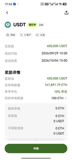 A mobile screenshot of a USDT subscription promotion with 400,000 USDT total rewards, running from 2026/09/29 to 2026/10/04, offering 10% annualized returns with 147,891.79 ETH total subscription amount.