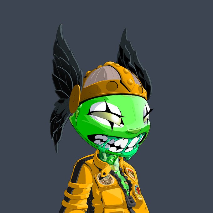 A 3D-rendered green-skinned character with a grinning mouth full of teeth, wearing a yellow jacket and a winged helmet.