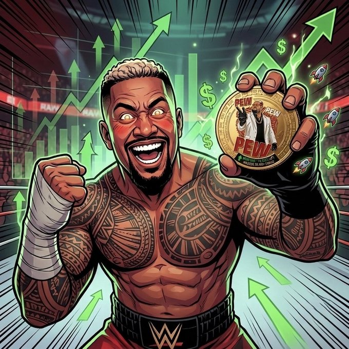 Cartoon illustration of a muscular tattooed wrestler with the WWE logo on his shorts, triumphantly holding a 'PEW' meme coin while green upward arrows and dollar signs surround him.