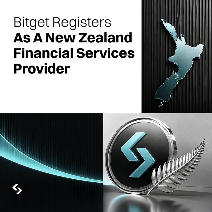 Bitget announcement headline stating 'Bitget Registers As A New Zealand Financial Services Provider,' accompanied by a stylized map of New Zealand and the Bitget logo with a silver fern.