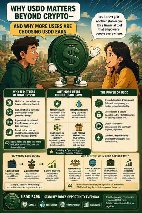An infographic titled "Why USDD Matters Beyond Crypto—and Why More Users Are Choosing USDD Earn," featuring cartoon characters discussing the stablecoin, with sections explaining its benefits, earning rewards (up to 15% APY), and how it works through deposit, earn, and growth stages.

The image visually supports the post's point by illustrating that USDD extends beyond crypto traders to serve everyday users, freelancers, investors, and emerging market participants through its "Earn" feature offering stable, accessible passive income.