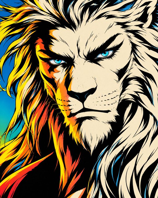 A vibrant, stylized pop-art illustration of a lion's head with a flowing mane in shades of yellow, orange, and white, featuring piercing blue eyes against a blue background.