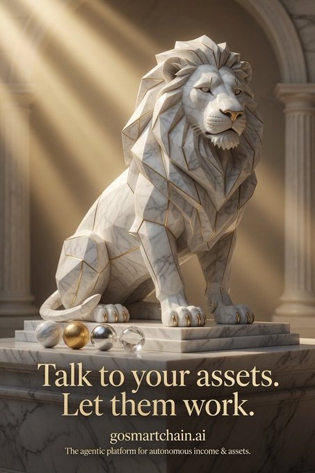 A marble lion statue with gold inlays sits regally on a pedestal beneath golden light beams, accompanied by the text "Talk to your assets. Let them work. gosmartchain.ai - The agentic platform for autonomous income & assets." The image's powerful lion symbolizes the "Lion Agents" mentioned in the post that "hunt edges" to convert spoken commands into yields on RWAs and 24/7 markets.