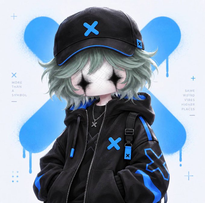 An anime-style character with short mint-green hair wears a black cap and jacket adorned with blue X symbols, set against a light blue background with text reading 'MORE THAN A SYMBOL' and 'SAME WEIRD VIBES HIGHER PLACES.'