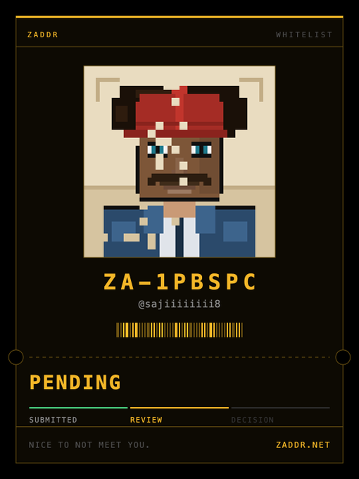 A pixel-art profile card for 'ZADDR' displaying username 'ZA-1PBSPC' (@sajiiiiiiliii18) with a pending status, featuring a barcode and 'NICE TO NOT MEET YOU.' text at the bottom.