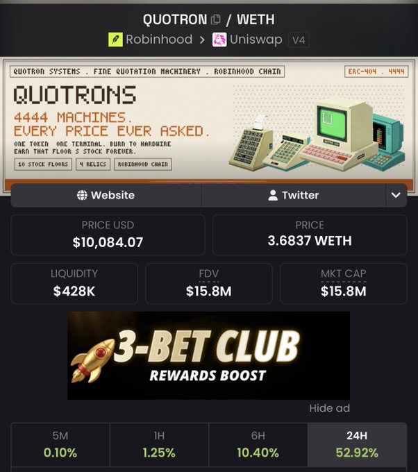 A screenshot of the QUOTRON/WETH cryptocurrency trading page showing a price of $10,084.07 (3.6837 WETH) with 24H change of 52.92%, featuring retro pixel-art branding for 'QUOTRON SYSTEMS' and a '3-BET CLUB REWARDS BOOST' ad.