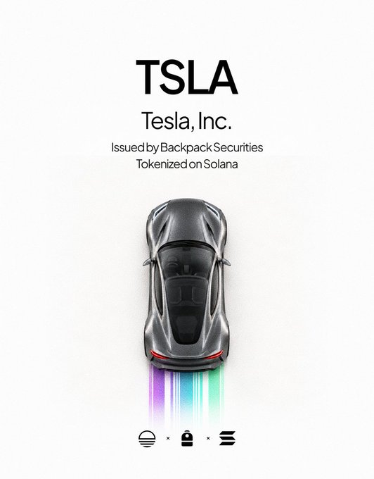 A minimalist poster reads “TSLA,” “Tesla, Inc.,” and “Issued by Backpack Securities Tokenized on Solana,” above a top-down sports car emitting colorful light trails.