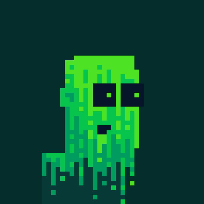 Pixel art style digital image of a green, glitchy, ghost-like or slime creature wearing dark sunglasses against a dark background.