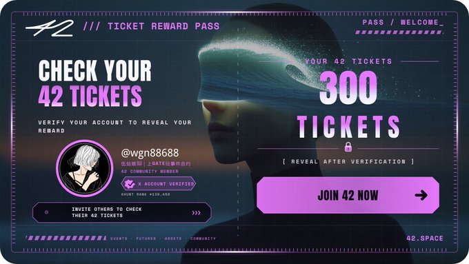 The image promotes "42" ("42.SPACE") with a "Ticket Reward Pass" themed around verifying 42 tickets to reveal 300 tickets for user @wgn88688, featuring a "Join 42 Now" call-to-action with neon purple and dark blue tones. The accompanying post discusses the platform's "Welcome Gift" launch, noting that 42.SPACE aims to distinguish itself from typical points/airdrops by offering unique reward mechanisms and building community identity.