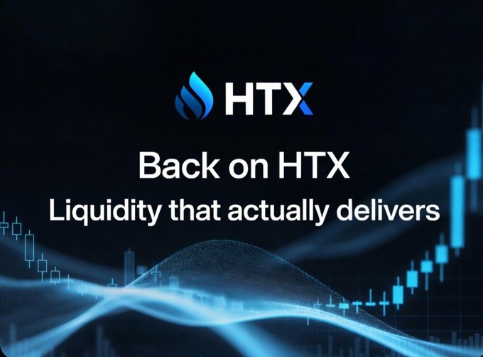 A promotional image for HTX with the text 'Back on HTX' and 'Liquidity that actually delivers' set against a dark background with a candlestick chart and blue wave graphic.
