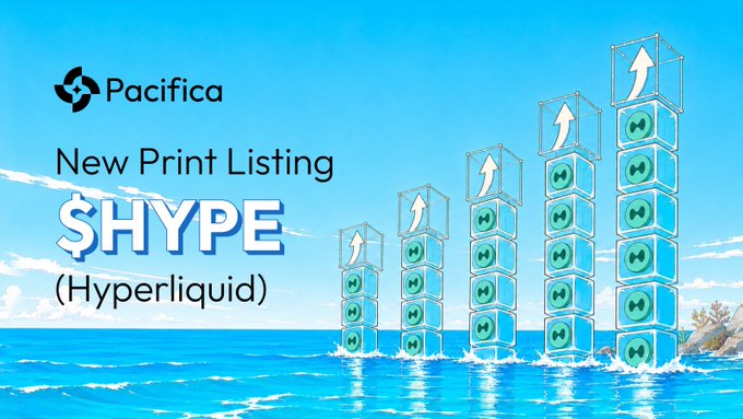 The image is a Pacifica promotional graphic announcing a new print listing for $HYPE (Hyperliquid), featuring stacked transparent blue cubes with upward arrows rising from ocean water against a sky background, symbolizing growth and the leverage trading opportunity highlighted in the accompanying post.