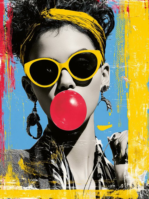 A mixed-media style portrait of a person with short dark hair, wearing yellow sunglasses and blowing a red bubblegum bubble, set against a blue and yellow painted background.