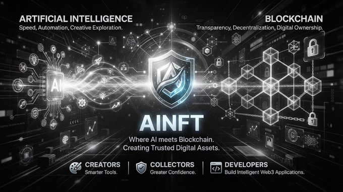A dark, high-tech promotional graphic for 'AINFT' with the tagline 'Where AI meets Blockchain. Creating Trusted Digital Assets,' showing circuit board designs for 'ARTIFICIAL INTELLIGENCE' and 'BLOCKCHAIN' merging behind a glowing shield logo.