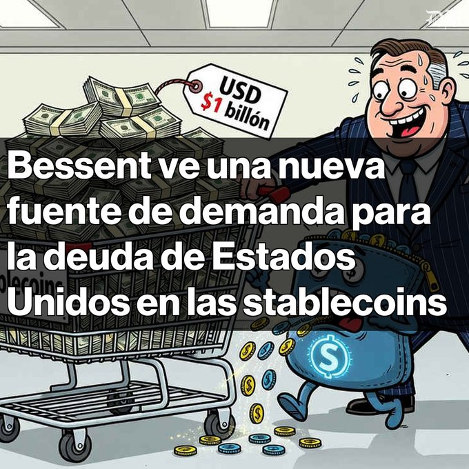 A cartoon depicts a sweating man pushing a shopping cart overflowing with money labeled 'USD $1 billón', while a character with a dollar sign runs past, with Spanish text about Bessent seeing new demand for US debt in stablecoins.