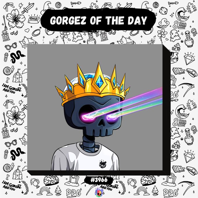 Digital art labeled 'GORGEZ OF THE DAY #3966' features a skeleton wearing a gold crown and t-shirt with neon laser eyes.