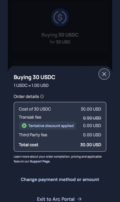 A mobile app screen showing a USDC purchase transaction: 'Buying 30 USDC for 30 USD' with order details including cost, Transak fee of 0.90 USD (crossed out), and a 'Tentative discount applied' of 0.00 USD, totaling 30.00 USD.