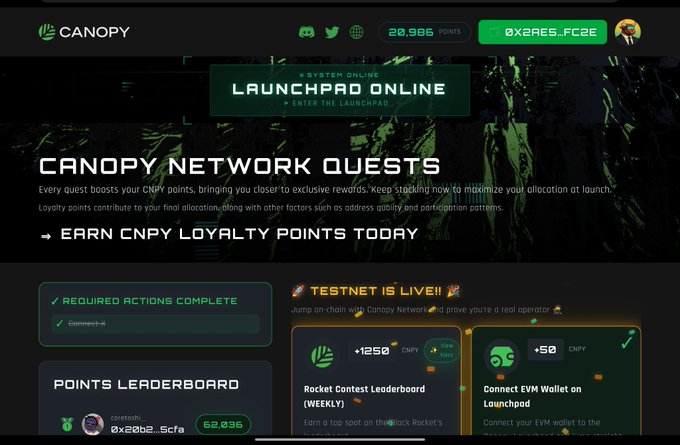 A screenshot of the Canopy Network website showing 'LAUNCHPAD ONLINE' and 'CANOPY NETWORK QUESTS' with options to 'EARN CNPY LOINTY POINTS TODAY' and a 'POINTS LEADERBOARD'.