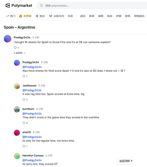 A Polymarket discussion thread about the Spain-Argentina match where users complain about losing bets on "Spain to Score First" and "final score Spain 1-0" despite Spain winning, with commenters clarifying that Spain's goal came in extra time, which doesn't count for those regular-time-only markets.