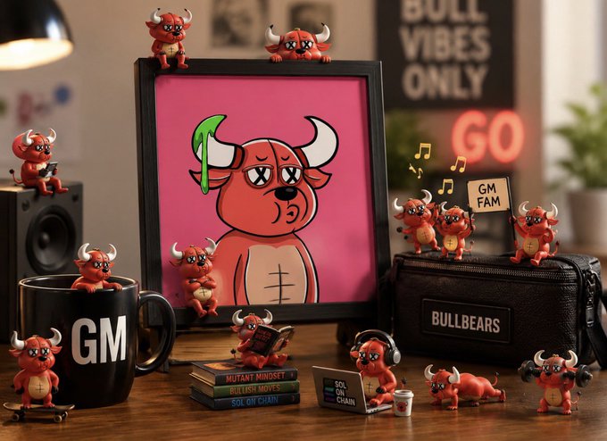 A collection of red bull character figurines surrounding a framed cartoon portrait, a "GM" mug, a "BULLBEARS" bag, and a "BULL VIBES ONLY" neon sign in the background.