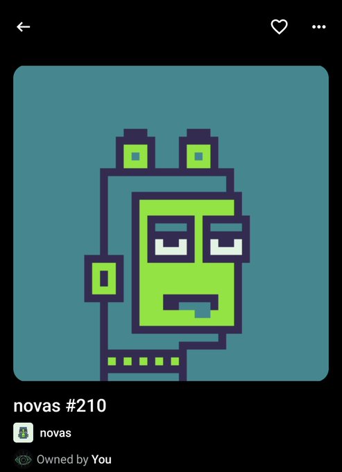 A pixel-art NFT profile for 'novas #210' featuring a green frog-like character wearing glasses and headphones on a teal background.