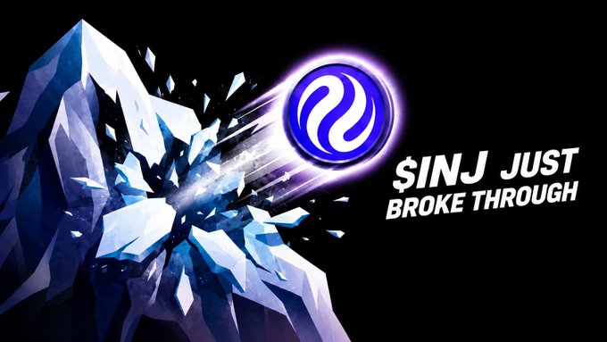 A graphic design showing a purple sphere logo bursting through an icy crystal formation with the text '$INJ JUST BROKE THROUGH.'