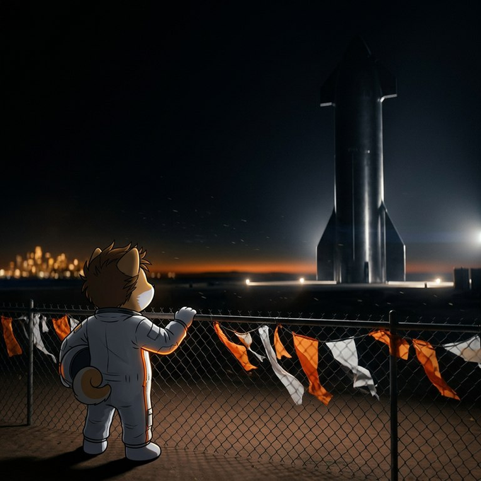 An illustration of a cat character in an astronaut suit watching a SpaceX-style rocket on a launchpad at night, with orange and white pennant flags in the foreground.