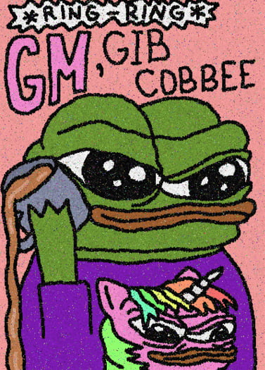 A meme image featuring a sad-looking Pepe the Frog holding a piece of paper, with text reading 'RING RING GM, GIB COBBEE'.