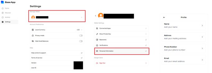 A three-panel screenshot from the Base App showing the navigation path to access personal information settings: Settings menu with "Manage Wallet" highlighted, the wallet settings page with "Personal Information" highlighted, and the Profile form where users can add their name, mailing address, phone number, and email address for verification purposes.