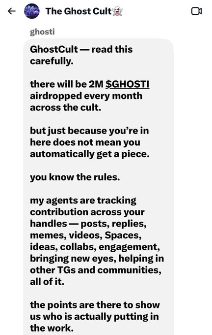 A screenshot of a Telegram post from "The Ghost Cult 👻" (user "ghosti") titled "GhostCult — read this carefully," announcing that 2M $GHOSTI will be airdropped monthly to cult members, emphasizing that mere membership doesn't guarantee an airdrop share, and explaining that agents track contributions across posts, replies, memes, videos, and community engagement to identify active holders, aligning with the post's message that $ghosti rewards holders for participating and promoting their bags.