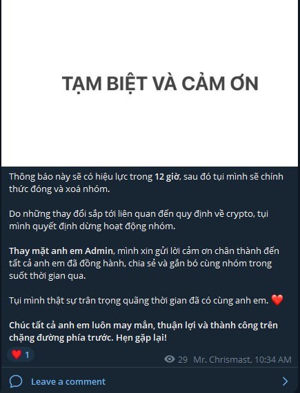 A screenshot of a Vietnamese announcement titled "TẠM BIỆT VÀ CẢM ƠN" (Goodbye and Thank You), explaining that a group is stopping all activities due to changes in cryptocurrency regulations, signed by "Mr. Chrismast" at 10:34 AM with 29 reactions.