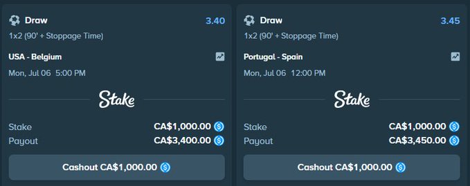 A Stake betting slip shows two wagers placed on soccer draws—USA vs. Belgium (CA$3,400 payout) and Portugal vs. Spain (CA$3,450 payout)—each with a CA$1,000 cashout option, posted as part of a $200 ETH giveaway promotion requiring participants to repost and reply with their USDT or Stake name.