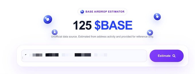 The image shows a "Base Airdrop Estimator" displaying an estimate of "125 $BASE" tokens, featuring a search bar with a blurred wallet address and a purple "Estimate" button. This relates to the post as a humorous airdrop checker tool from wheelx.fi/base-checker that estimates potential $BASE token allocations based on address activity.