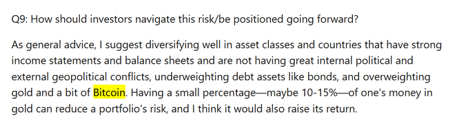 The image shows a Q&A excerpt where Ray Dalio advises investors to diversify into countries with strong fundamentals, overweight gold and bonds, and hold "a bit of Bitcoin"—recommending 10-15% in gold to reduce portfolio risk and boost returns.