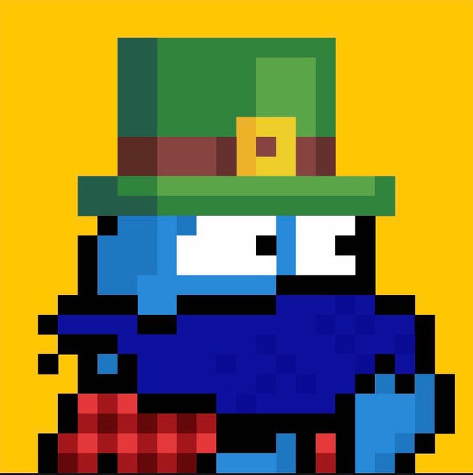 A pixel art character featuring a blue face wearing a green leprechaun hat with a yellow buckle, with a red and black checkered scarf at the bottom, set against a bright yellow background.