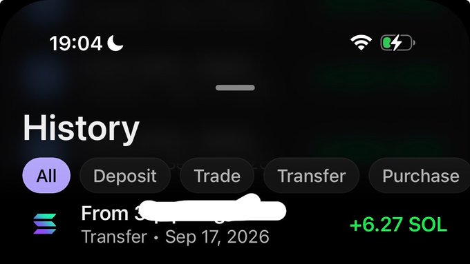 A smartphone screenshot showing a transaction history at "19:04" with a "Transfer" entry dated "Sep 17, 2026" for "+6.27 SOL".