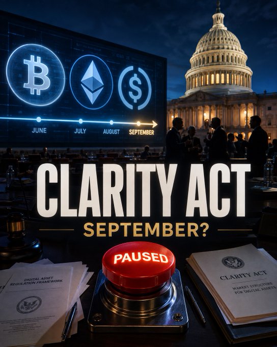 A graphic about the 'CLARITY ACT' featuring cryptocurrency symbols (Bitcoin, Ethereum, US Dollar) on a timeline, with a red 'PAUSED' button and the U.S. Capitol building in the background.