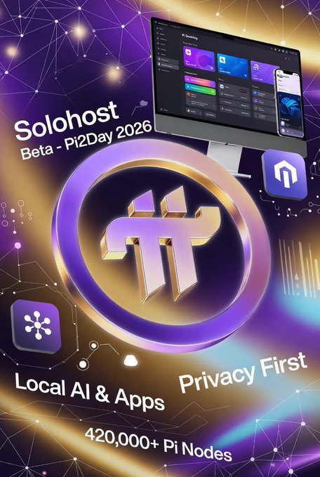 A promotional graphic for "Solohost Beta - Pi2Day 2026" features a glowing Pi symbol in purple and gold alongside images of a desktop monitor and smartphone displaying the app's dashboard, with text highlighting "Local AI & Apps," "Privacy First," and "420,000+ Pi Nodes." The image visually reinforces the post's announcement of SoloHost's expansion of Pi Nodes into local computing, AI, and app hosting through Pi Desktop.