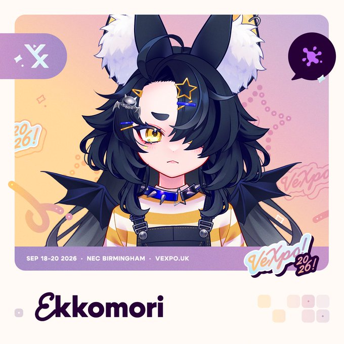 This promotional graphic for Vexpo 2026 features an anime-style character with bat-like ears, dark hair, star hair clips, and a spiked collar, with text indicating "SEP 18-20 2026 · NEC BIRMINGHAM · VEXPO.UK" and "Ekkomori," tying into the "BAT" caption through the character's bat-inspired design.
