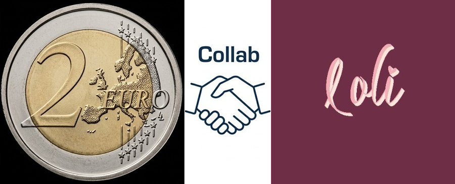 A 2 Euro coin representing the Ethereum chain, a handshake icon labeled "Collab," and the "loli" (Loli on Chain) logo together illustrate the announced collaboration between the project and Loli On Chain, featuring 2000 cute on-chain characters with a raffle to be held on Discord.