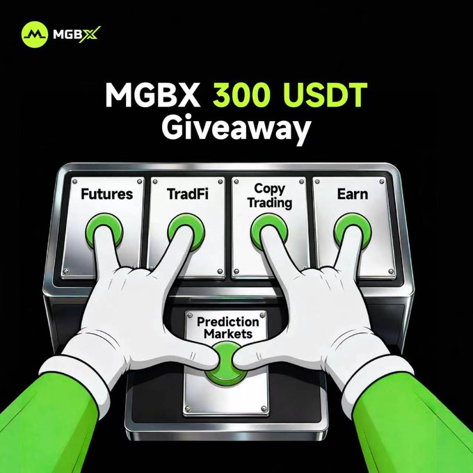 A promotional graphic for MGBX featuring cartoon gloved hands pointing at five feature buttons (Futures, TradFi, Copy Trading, Earn, and Prediction Markets), with text reading "MGBX 300 USDT Giveaway" and the MGBX logo in the top left corner, visually supporting the post's question asking users which MGBX feature is their favorite.