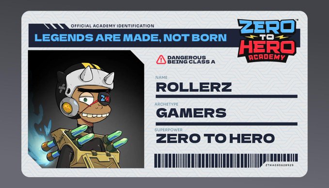 Official academy identification card for "ROLLERZ" from the "Zero to Hero Academy," featuring a cartoon character with a helmet and labeled as a "GAMERS" archetype with the superpower "Zero to Hero."