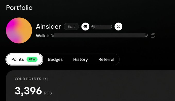 A 'Portfolio' page screenshot showing an 'Ainsider' profile with 3,396 PTS points and navigation tabs for Points, Badges, History, and Referral.